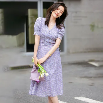 

Korean Style Women Dress Summer Purple Floral Print V-Neck Elegant Lady Boho Beach Casual Bohemian Robe Vestidos French Chic