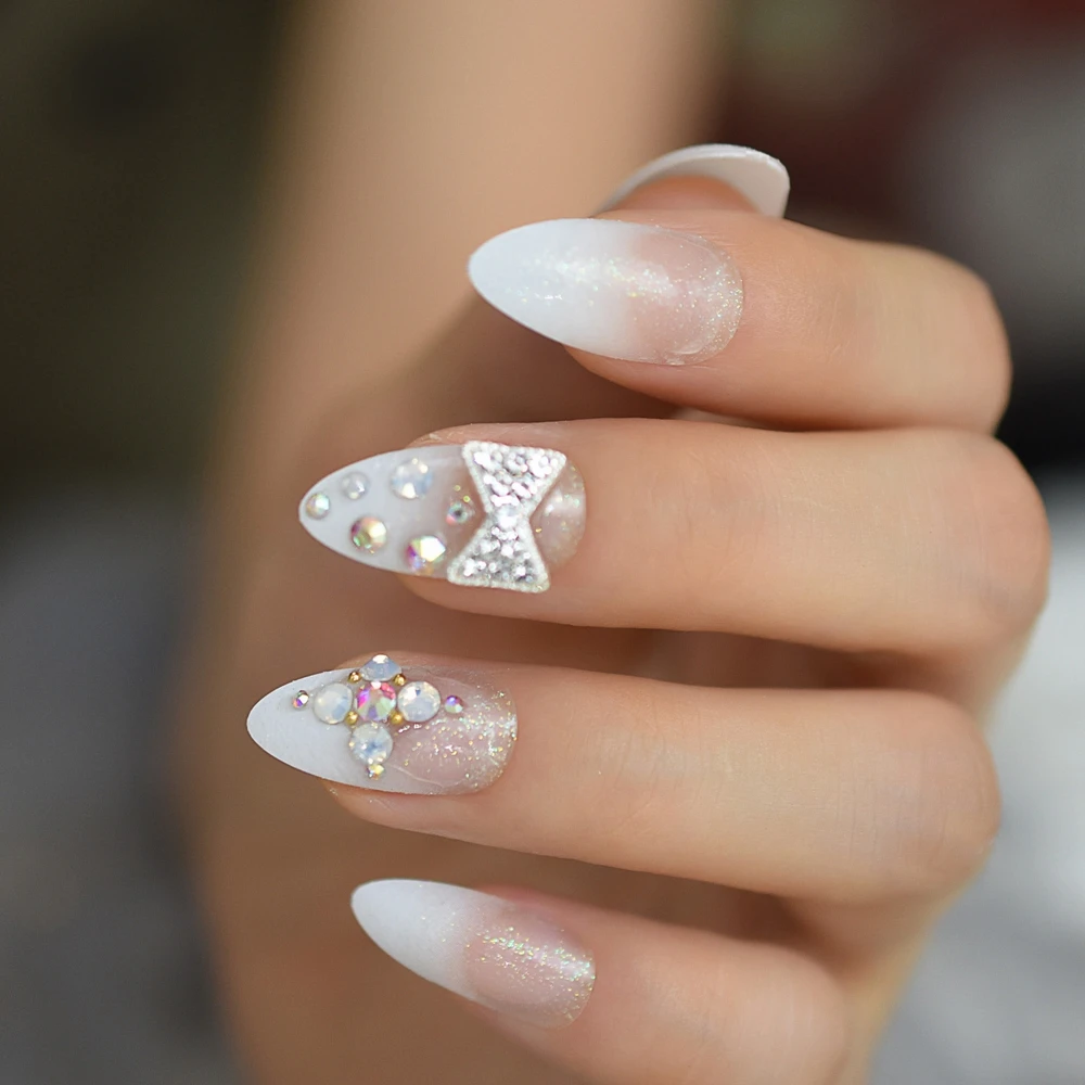 Gradient Jelly White French Stiletto Fake Nails Glitter 3d Butterfly False Press On Finger Nails Daily Wear Faux Ongles False Nails Aliexpress