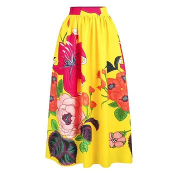 

Tropical Floral Print Long Skirt Women Summer High Waist Pleated Maxi Skirts African Indian Style Vintage Full Length Skirt