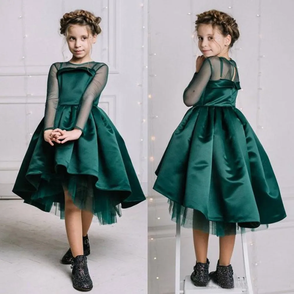 

Cute Emerald Green Girls Pageant Gowns Sheer Short Sleeves Princess Ball Gown Kid Formal Dresses Flower Girl Dresses for Wedding