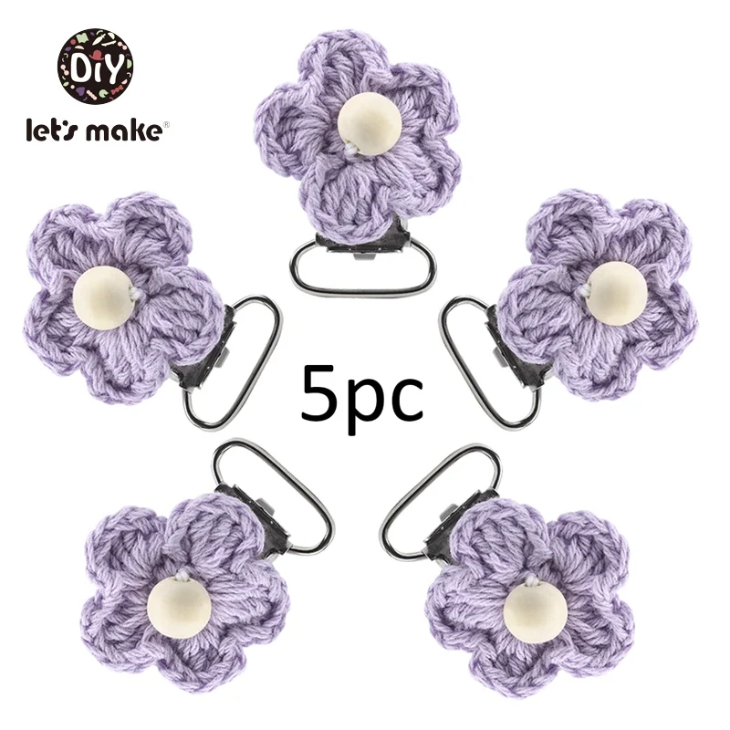 Let's Make Pacifier Clip Crochet Flower 5pcs Metal PVC Free DIY Pacifier Chain Personalized Nipple Clips Holder Baby Accessories - Color: purple