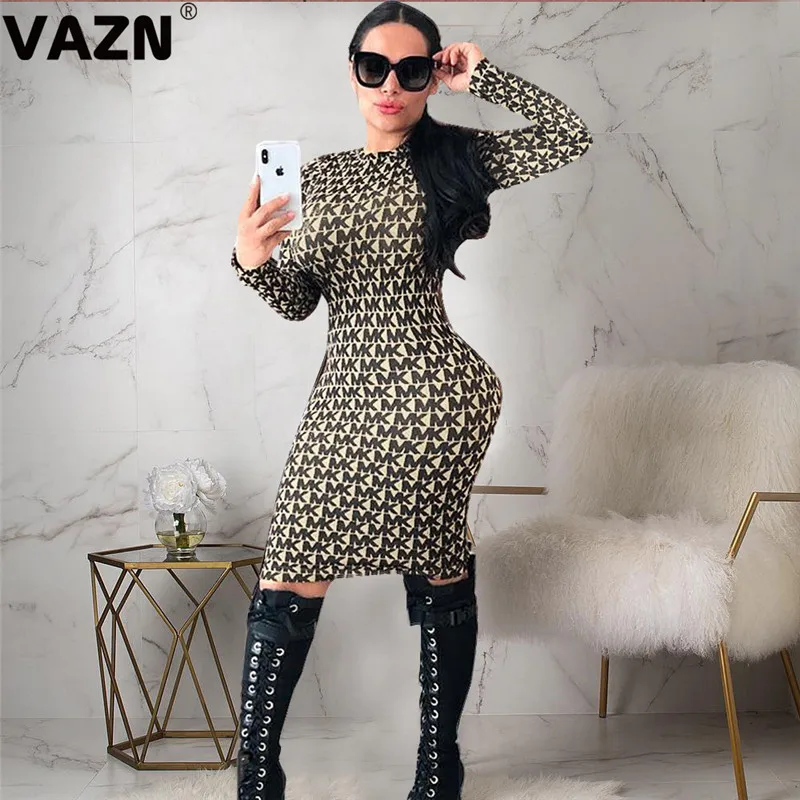 VAZN PN6258 осеннее Новое поступление, высококачественное винтажное сексуальное офисное модное эластичное женское платье средней длины с длинным рукавом