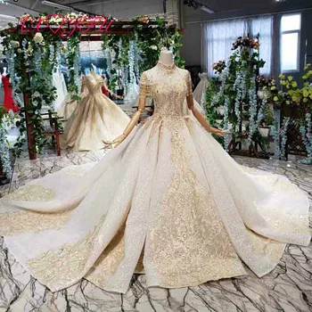 

AXJFU luxury princess beading crystal golden flower champagne lace wedding dress vintage high neck illusion wedding dress 11868