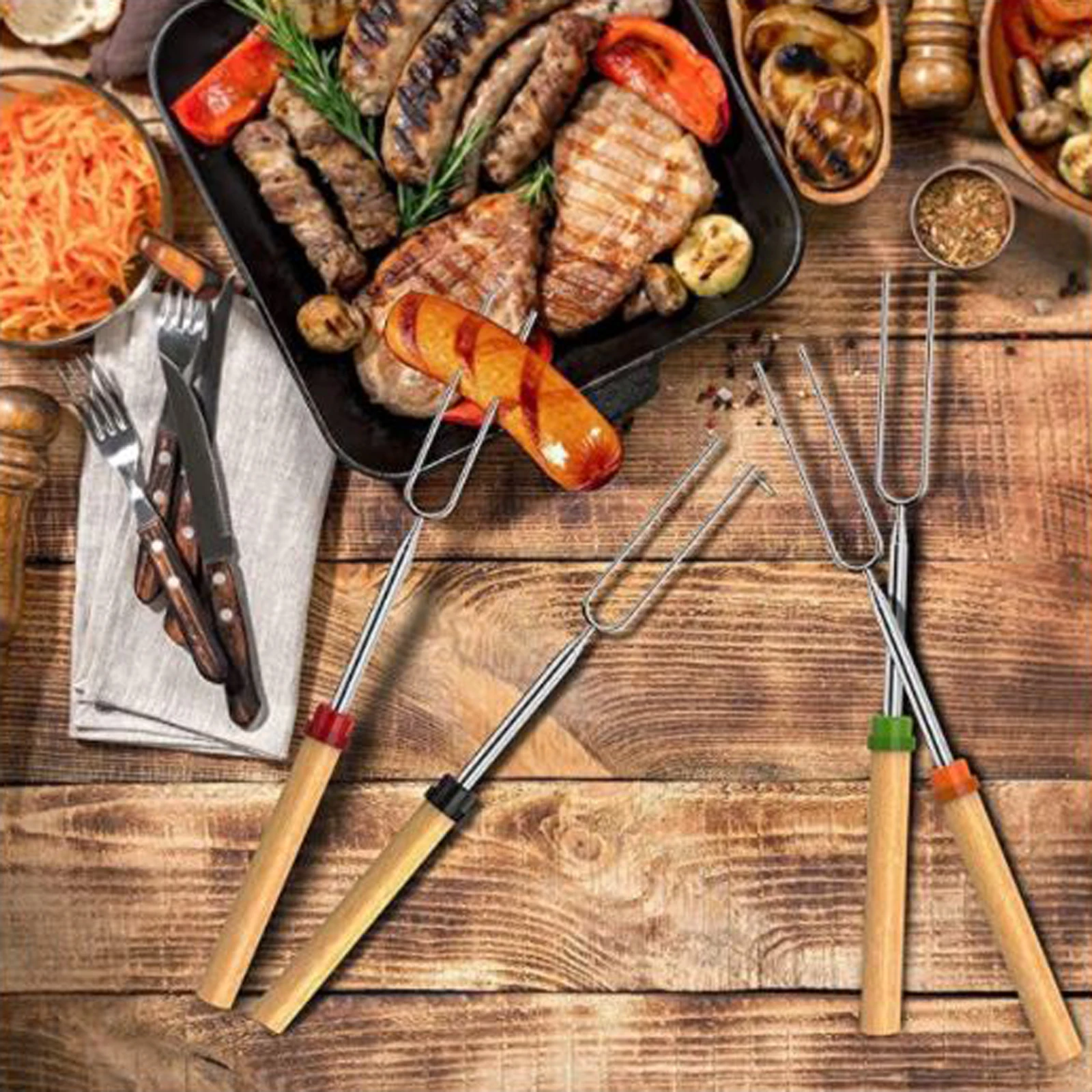 8pcs Barbecue Fork Set with Storage Bag Telescopic Marshmallow Sausages Hot Dogs Vegetables Roasting Sticks Accessory
