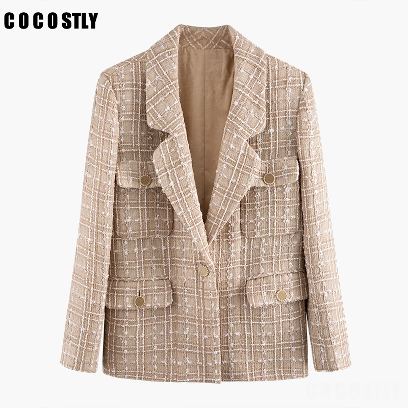 

Autumn Plaid Tweed Blazer For Women Notched Collar Long Sleeve Large Size Elegant Coats Female Tweed Jacket Suit Clothing