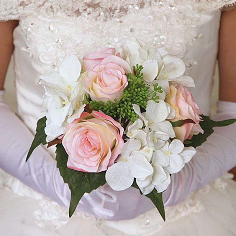 New Artificial Rose Flower Bouquet Floral Desktop Bridal Hydrangea Wedding Decor - Цвет: Pink