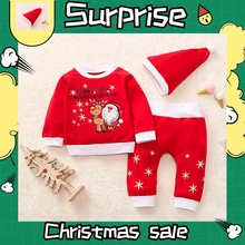 Рождественские комплекты для малышей; красный Детский комплект с круглым вырезом; Новинка года; одежда для сна с принтом для маленьких мальчиков и девочек; Пижама с изображением Санты и оленя; комплект одежды из 3 предметов