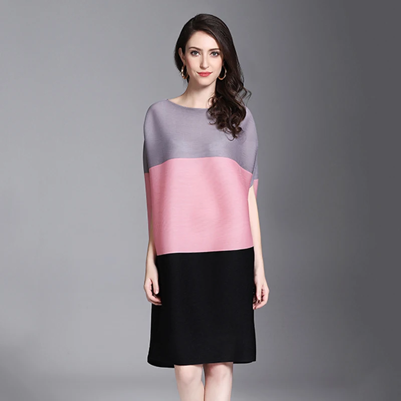 

Issey Miyake Pleated Dresses 2019 New Summer A-line Batwing Sleeve Knee-length Colorful Casual Women Dress Plus Size Dress