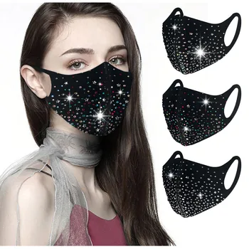 

3PCS Women's Masquerade mask ball - Golden Metal Diamond Water Crystal Color Face Mask Woman Scarf Washable Reusable Mask