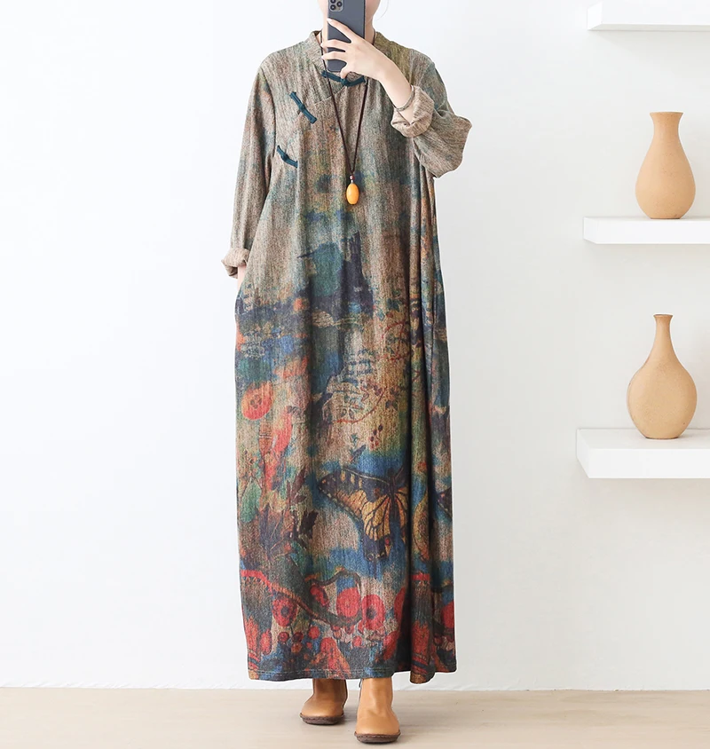 New Autumn Maxi Dresses for Women Vintage Loose Long Sleeve Dress Women Knitting RetroRabbit Hair Printed Robe Winter Vestidos