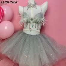 Блестящий бюстгальтер с бахромой и кристаллами, юбка-пачка, мини-юбка, наряд, сексуальный DJ, Женский певец, танцевальный костюм, для бара, клуба, вечерние, для праздника, шоу, одежда для сцены