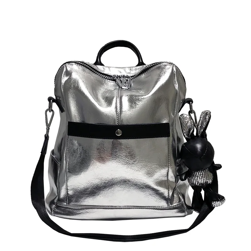 

Genuine Leather Soft Backpack Women 2020 New Fashion Multipurpose Leather Backpack Shiny Silver Super Large Capacity Travel Bag