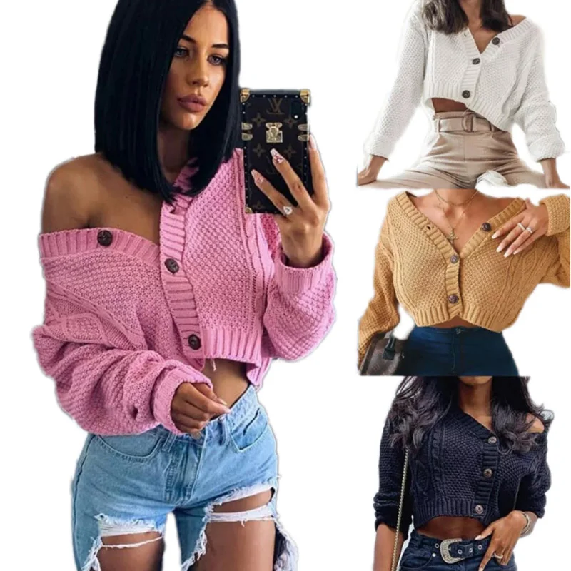 

Women Knitted Cropped Cardigan Sweaters Female Short Coat V Neck Single Breasted Knitwear Spring Autumn Solid Color Jacket