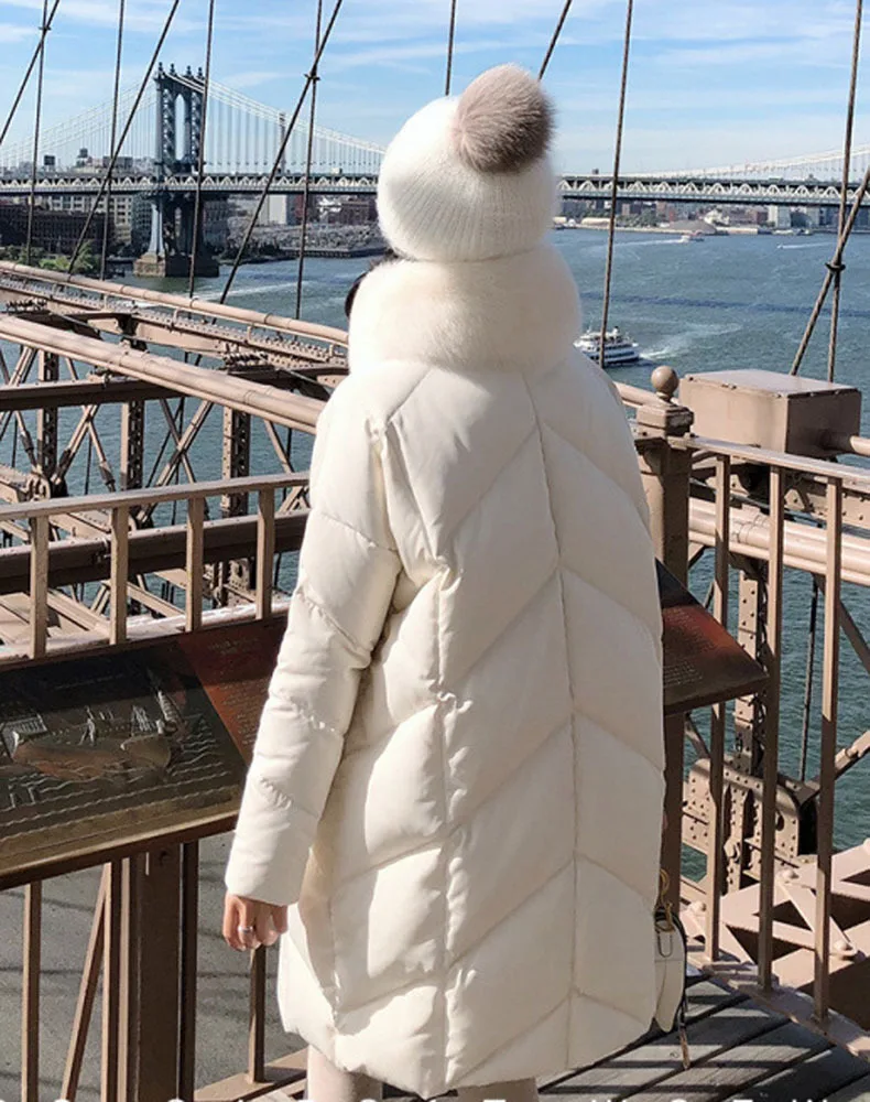 new style winter down jacket over knee medium and long style loose women coat white fox wool collar fashion lady clothes