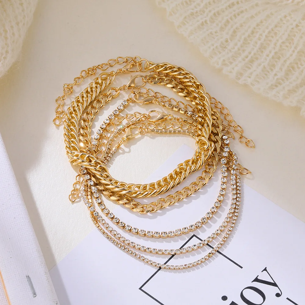 DIEZI 5pc/set Vintage Simple Link Chain Full Rhinestone Anklets For Women Girls Bohemian Leg Ankle Anklet Bracelet Beach Jewelry