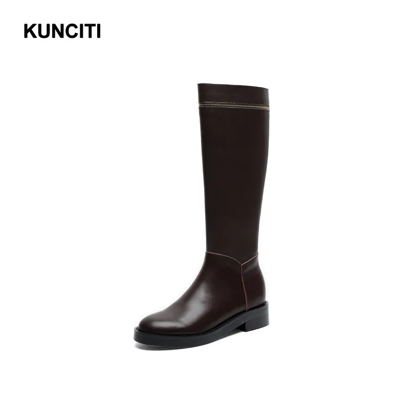 KUNCITI/; женские зимние сапоги до колена; сапоги на квадратном каблуке; ботинки в байкерском стиле; женская обувь на молнии; высококачественные высокие сапоги; B912