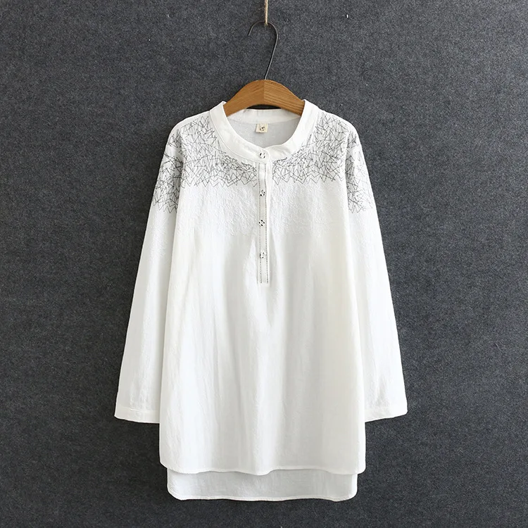 Autumn Women Shirts Ladies Solid Tops Female Long Sleeve Blouses Washed Cotton Embroidery Loose Plus Size Clothing K73 137