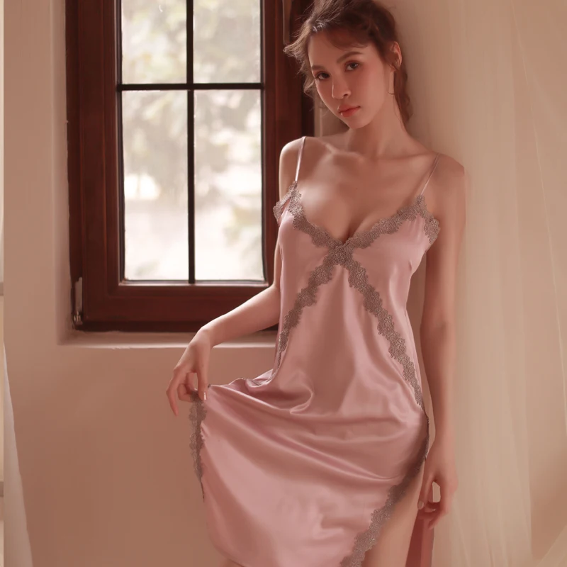 Летний ледяной шелк удобные, однотонного цвета на бретелях сексуальное кружевное платье с глубоким v-образным вырезом Ночное платье комплект с Штаны 9 цветов мл