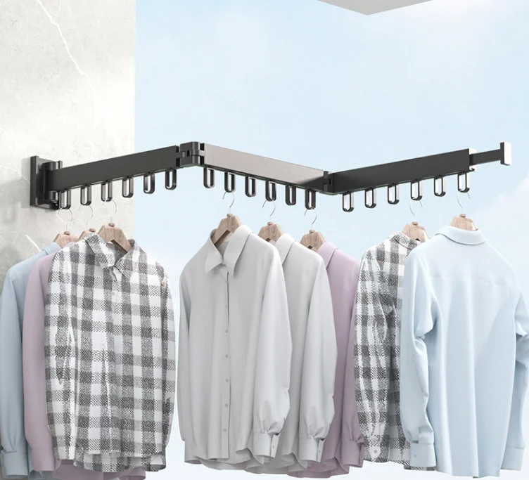 

Folding Clothes Hanger Wall Mounted Space-Saver Retractable Telescopic Towel Drying Rack Indoor Outdoor Rotate Organizer