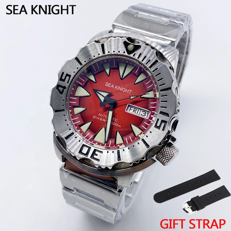 Sea Knight Monster Automatic Watch Men Nh36A Orologi Meccanici Da Uomo Sapphire Vintage Red Dial Green Luminous 200M Diver Watch