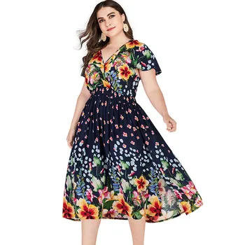 

2020 New summer plus size 4XL midi dress for women short sleeve slim casual V neck floral flower blue long big swing dress G989