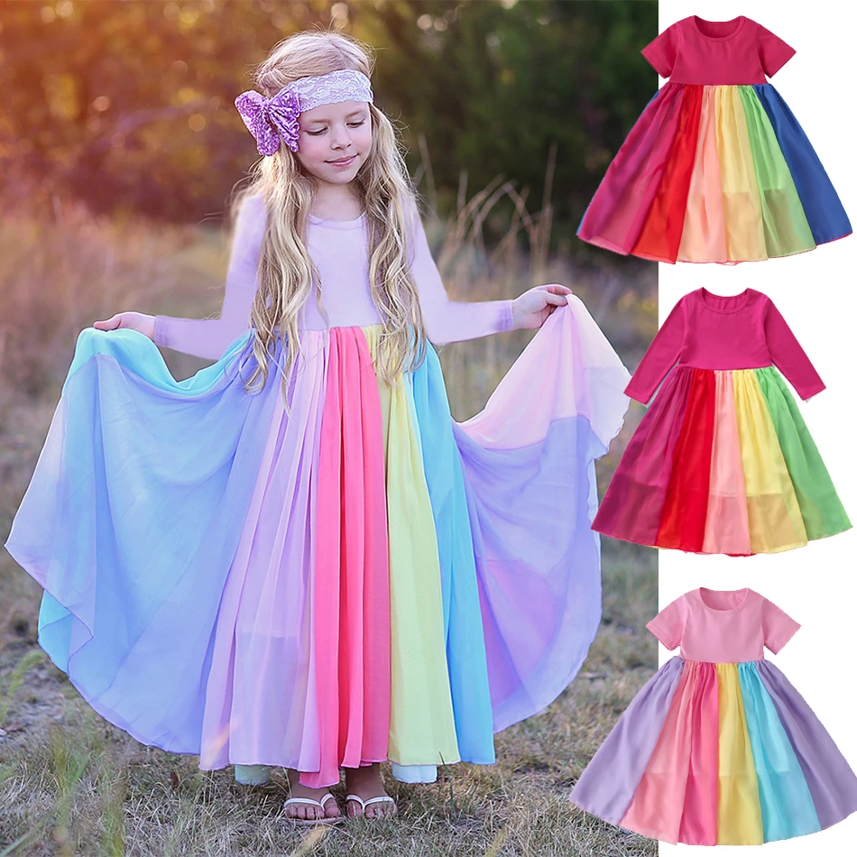cute baby dresses online Girl Rainbow Dress Long Short Sleeve Cotton Candy Color Cute Baby Kids Party Dresses for Kids Princess Girls Dress smocked baby dresses