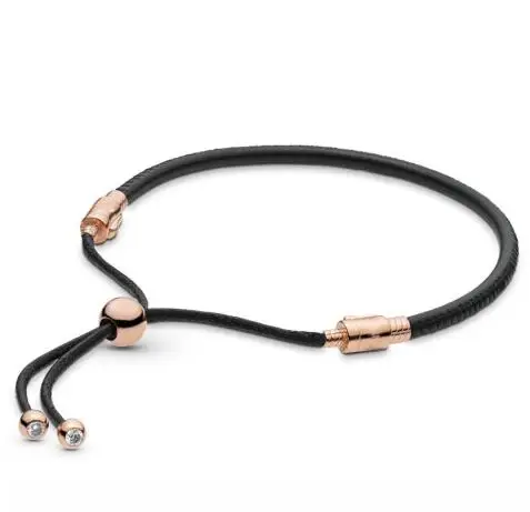 

Original 925 Sterling Silver Bracelet Rose Black Leather Sliding Bracelet Bangle Fit Women Bead Charm Diy Fashion Jewelry