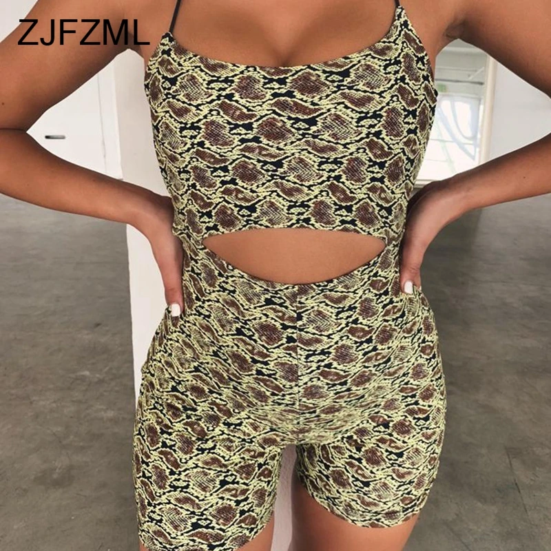 

Snake Print Sexy Waist Band Cut Out Playsuit Women Backless Cross Lace Up Bodycon Short Jumpsuits Autumn 2019 Bandage Overalls