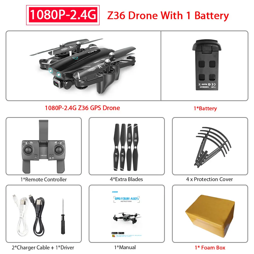 ZWN Z36 gps Квадрокоптер с 720P 1080P 4K HD камерой Rc вертолет gps фиксированная точка Wi-Fi FPV Дрон следуем за мной режим vs SG900-S E520S - Цвет: 1080P-2.4G 1B Foam