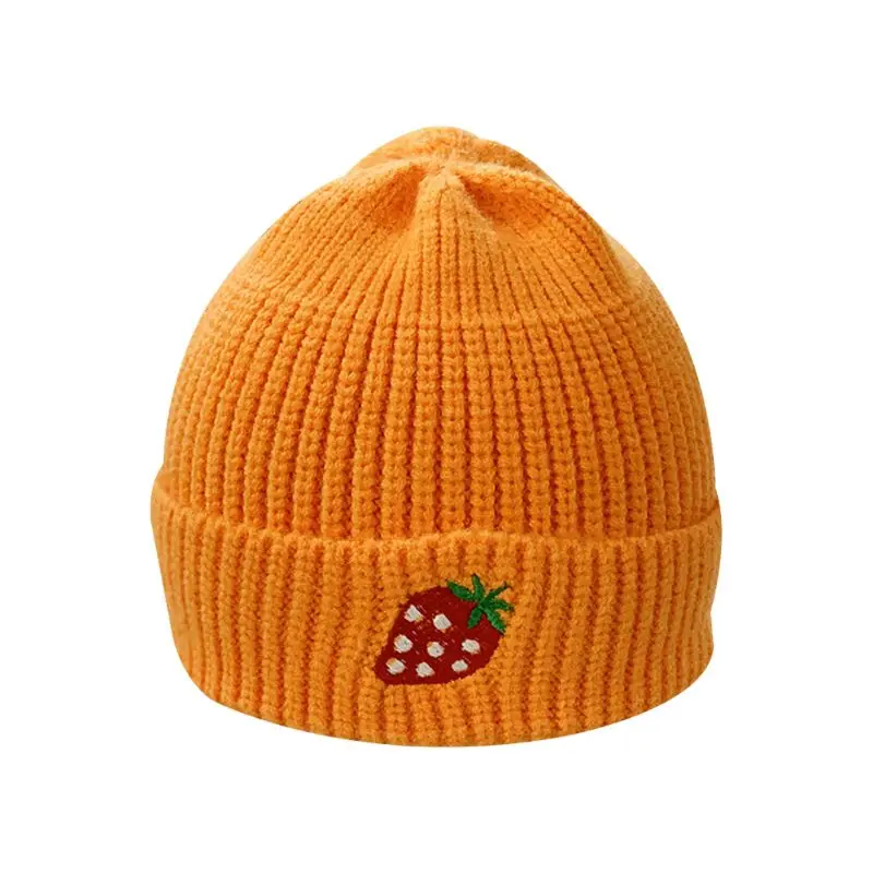 Fresh Style Infant Baby Boy Girl Cable Knit Beanie Hat Candy Color Cartoon Fruit Embroidery Toddler Cuffed Winter Warm Cap - Цвет: 5