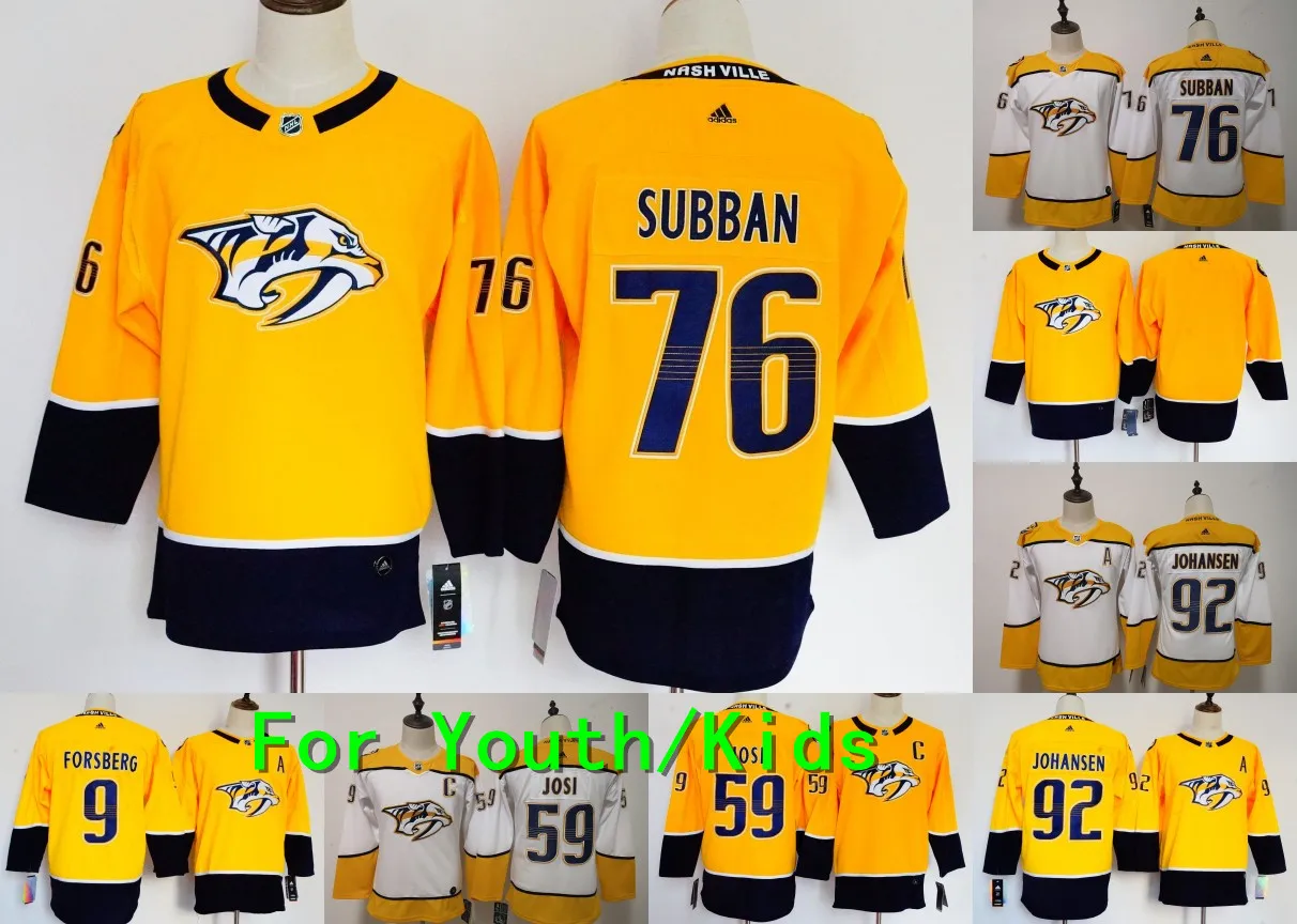 Молодежная вышивка прошитая Nashville#76 PK Subban 35 Pekka Rinne 9 Filip Forsberg 59 Roman Josi 92 Ryan Johansen детская футболка