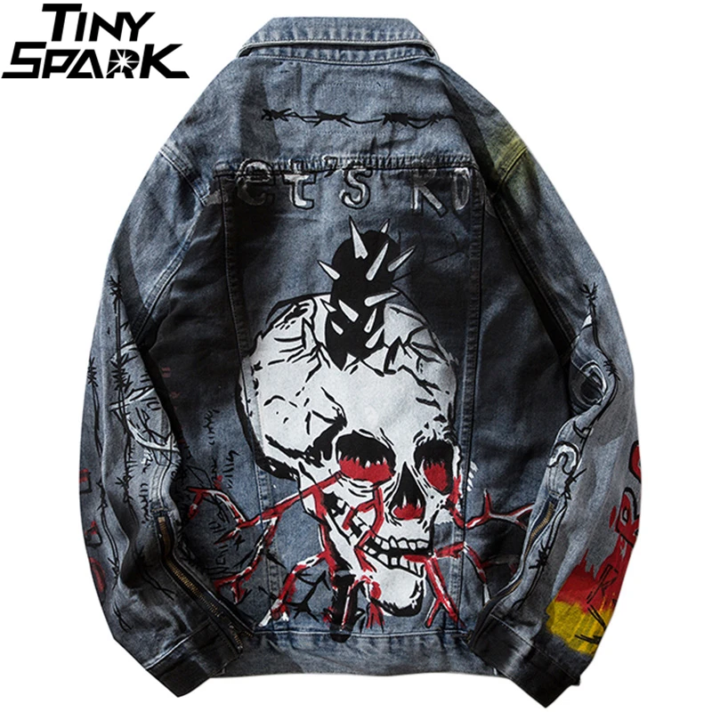 

2019 Men Denim Jackets Streetwear Skull Graffiti Blue Denim Jean Jacket Coat Hip Hop Harajuku Bomber Jacket Punk Rock Vintage