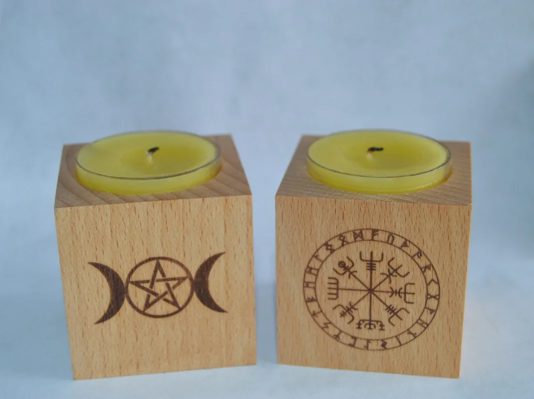 Wood Altar Candle Holder Wooden Candlestick Triple Moon Flowers Of Life