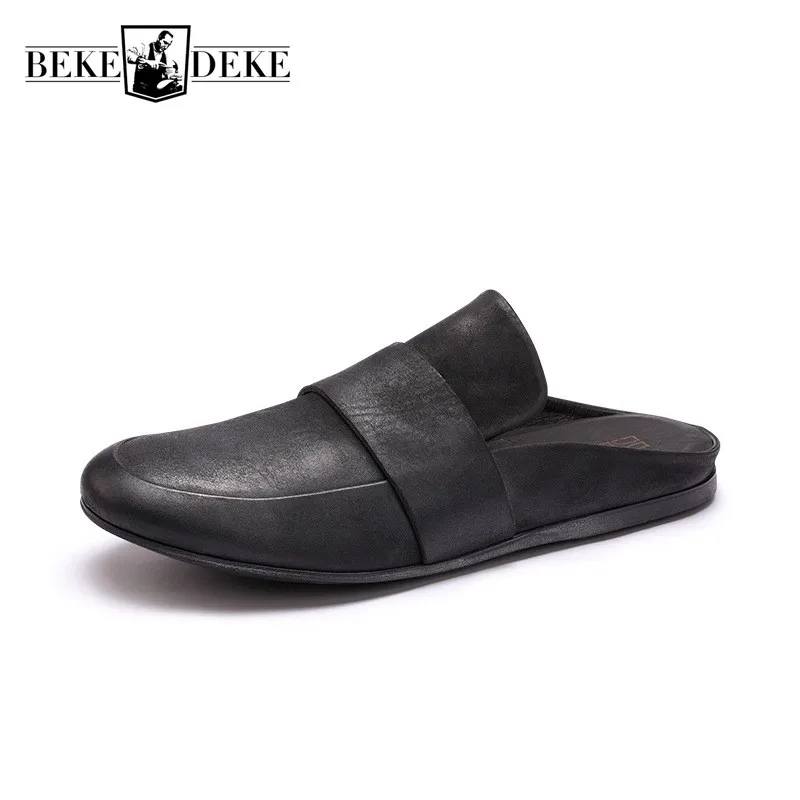 

Men Real Leather Slippers Outdoor Black Loafers High Quality Street Slip On Cowhide Slippers 2022 Summer New Casual Shoes Male