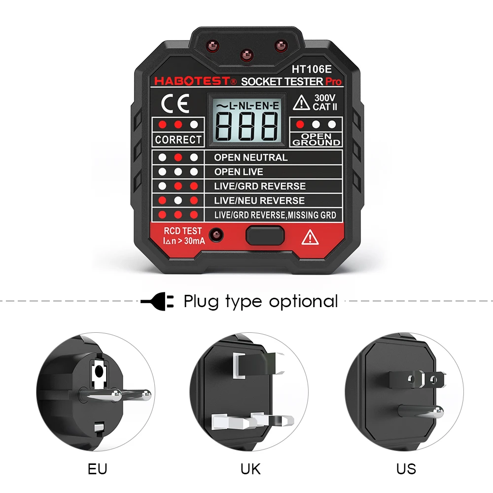 HOBA Тест цифровой US/EU/UK Разъем тест er pro детектор портативный полярность цепи напряжение тест er настенный выключатель Finder RCD тест