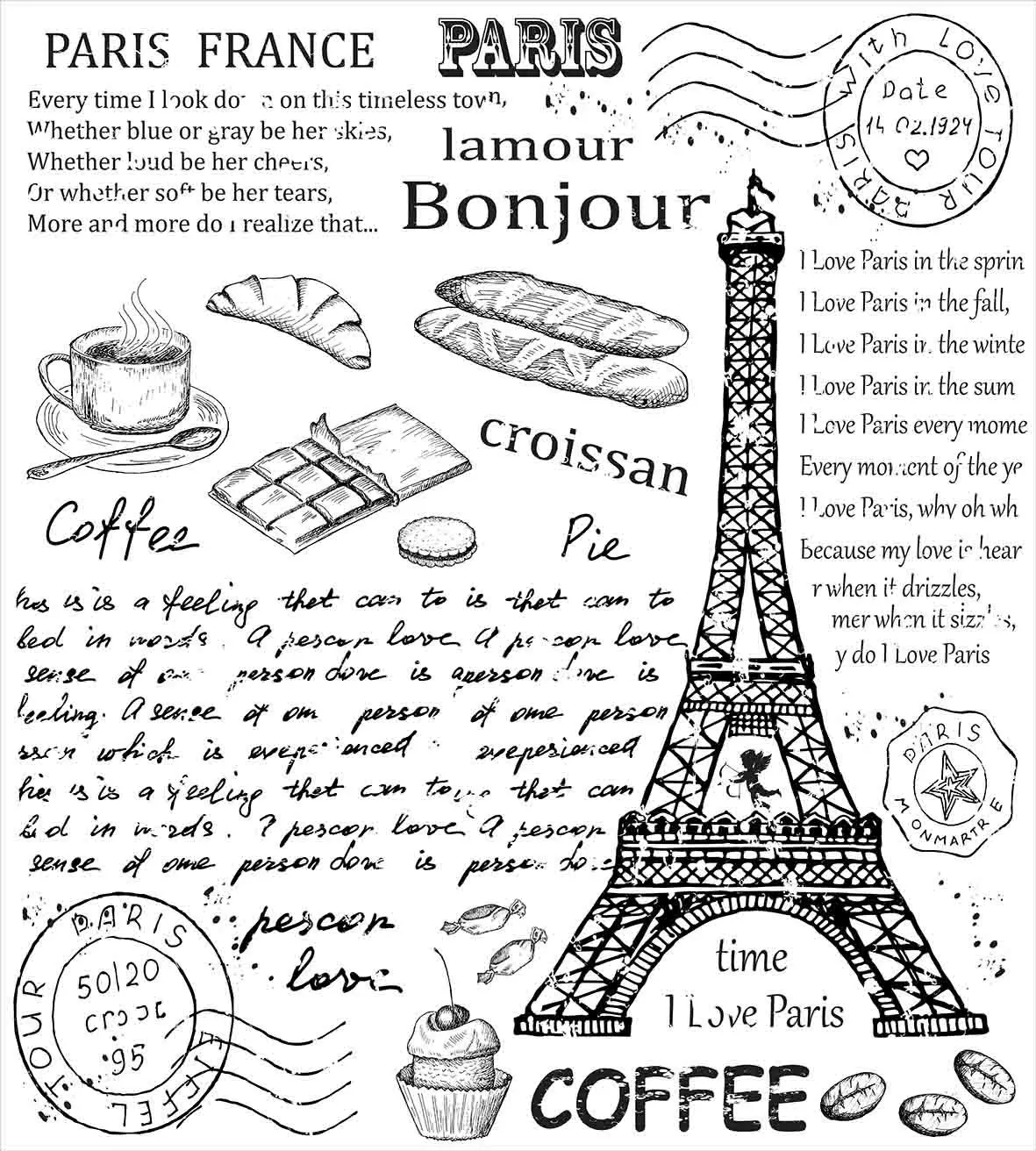 Париж пододеяльник набор традиционные известные Парижские элементы Бонжур круассан кофе Эйфелева башня печать декоративные 3 шт постельные принадлежности