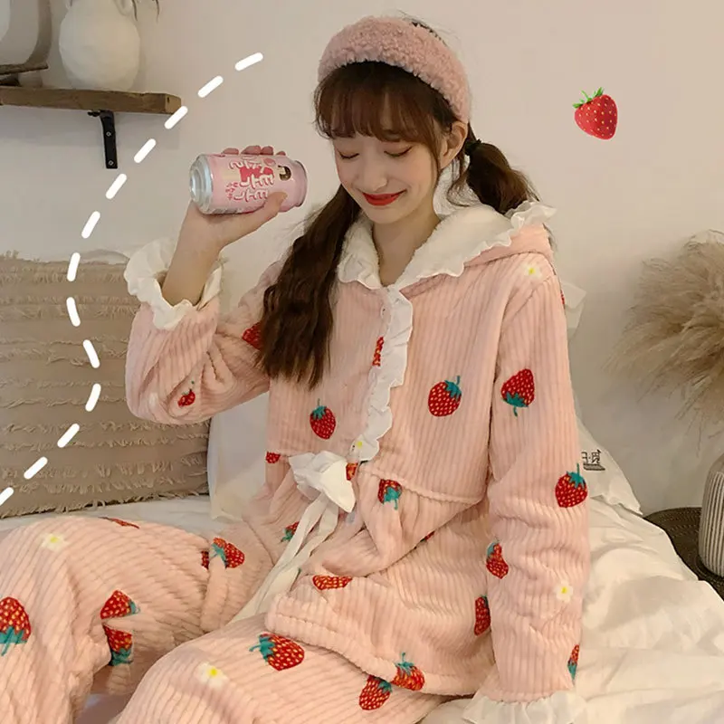 

Girl'S Homewear Set 2019 Autumn And Winter New Style Loose-Fit Strawberry Embroidered Sweet Lace-Outer Wear Long Sleeve Pajamas