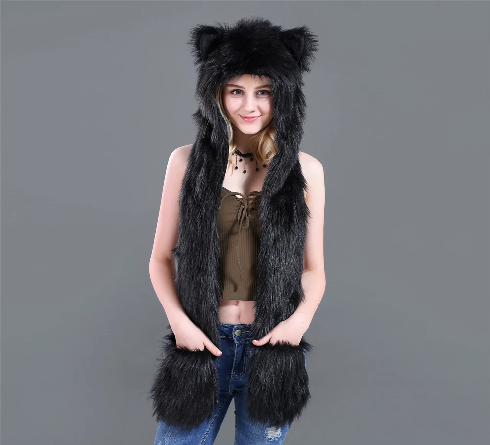 Женская зимняя модная теплая шапка леопардовой расцветки, шарф из искусственного меха, женский шарф, перчатки, шапка с мехом животного, Рождественский подарок T01 - Цвет: Black