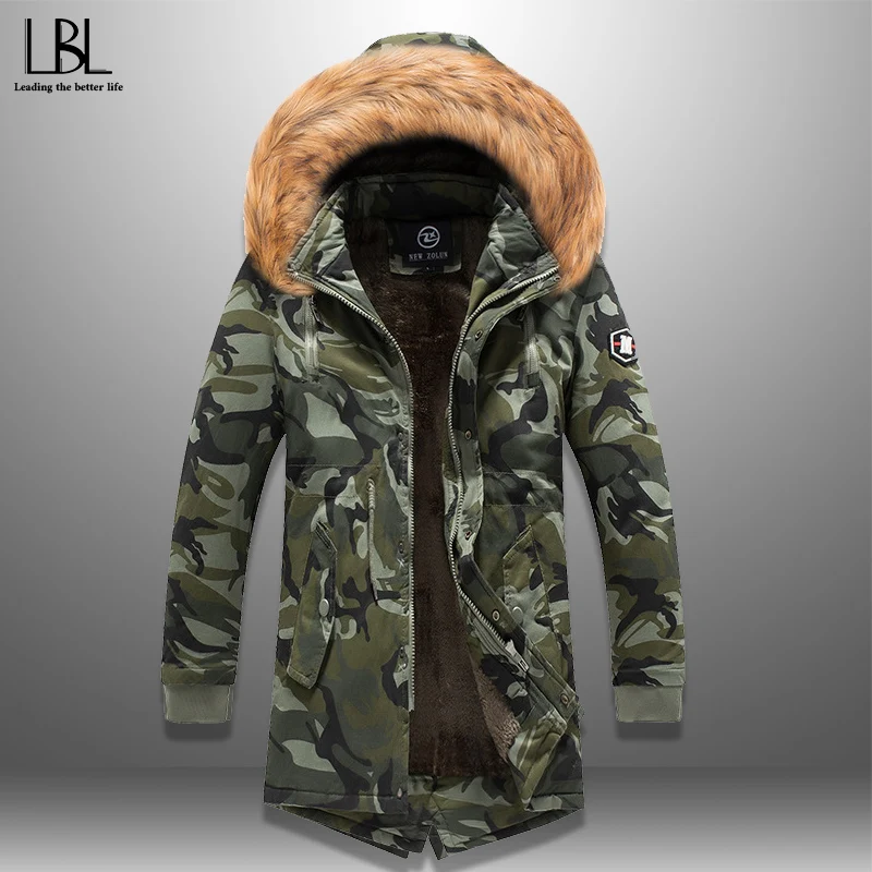 Winter Long Parka Camo Men's Hooded Jacket Thick Camouflage Coat Cotton Padded Warm Fur Collar Hat High Quality Windproof