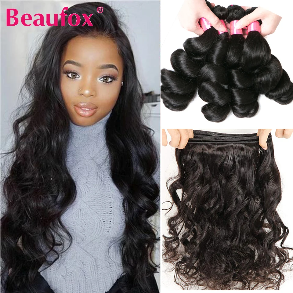 Beaufox Loose Wave Bundles Indian Hair Weave Bundles 4 Human Hair Remy Extensions Natural/Jet Black Color
