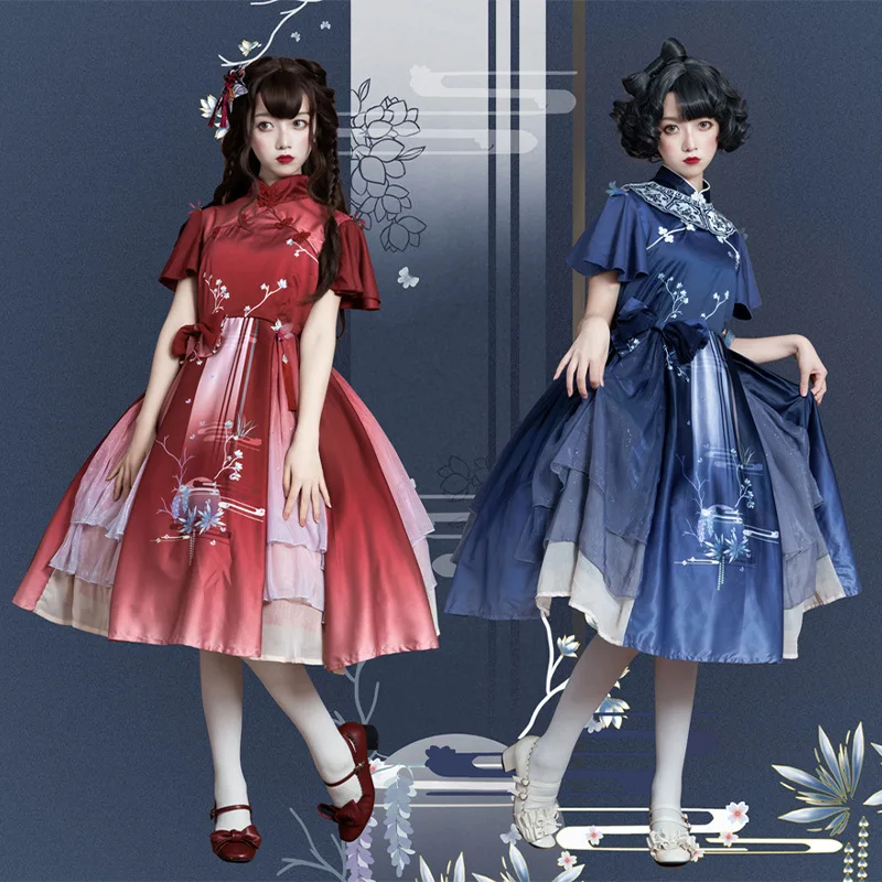 

Chinese Style The Moon in the Mirror Han elements Retro OP Dress elegant Sweet Kawaii Lolita Chiffon Bowknot Short sleeve Dress