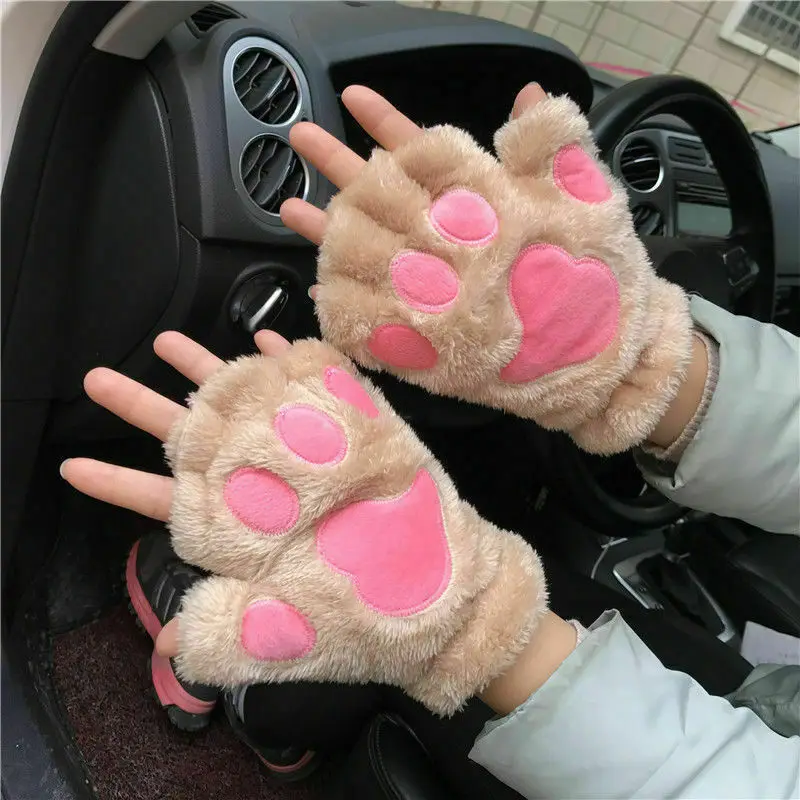 New Women Bear Cat Claw Paw Mitten Plush Glove Costume Warm Winter Half Finger Gloves