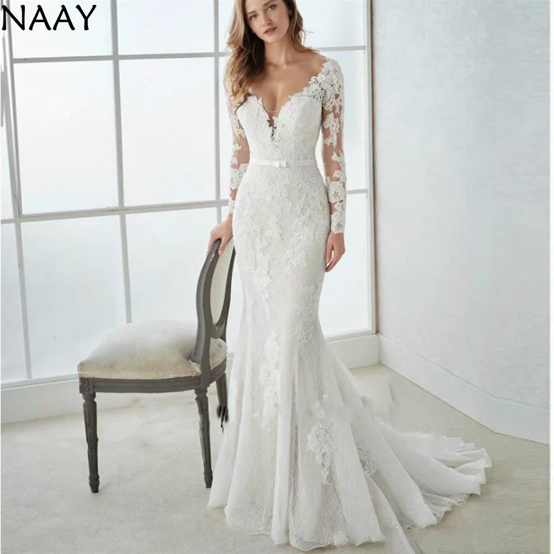 

2020 New Appliques Mermaid Bridal Dresses Long Sleeves Deep v Neck Wedding Gowns Sweep Train Plus Size Wedding Dress