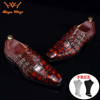 شراءنمط جديد أربعة صفوف من الابازيم الفاخرة جلد التمساح الراهب فستان بحزام الأحذية جوديير Welted حذاء رسمي
