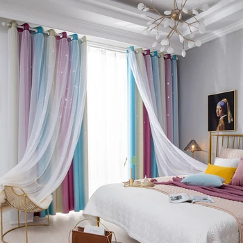 

Window Curtain Double-Layer Yarn Sheer Curtains Panel Curtain Star Window Eyelet Overlay Hollow Out Drapes Bedroom Curtain D30