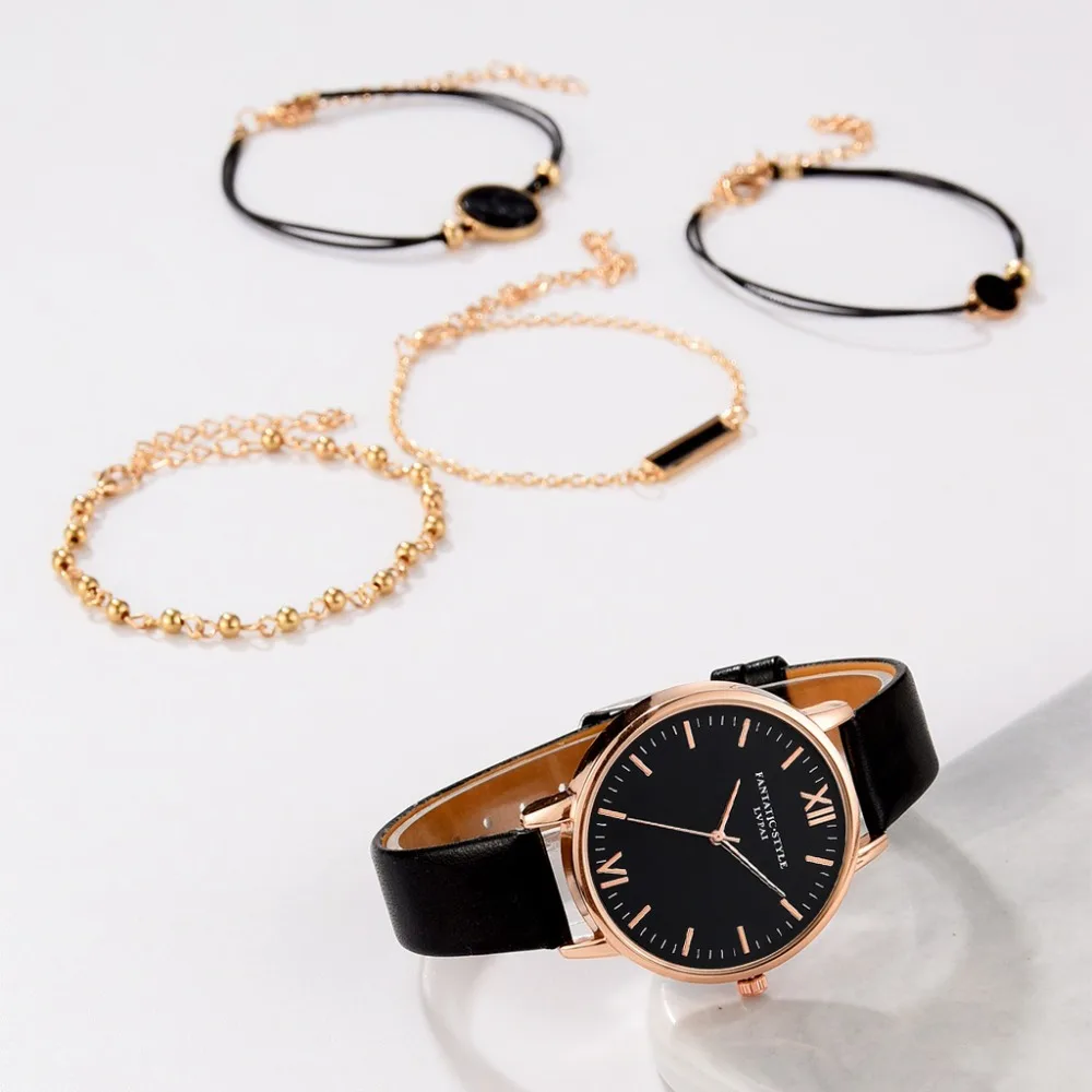 5pc/set Simple Style Leather Watches Women Fashion Watch Minimalist Ladies Casual Wrist Watch Female Quartz Clock Reloj Mujer