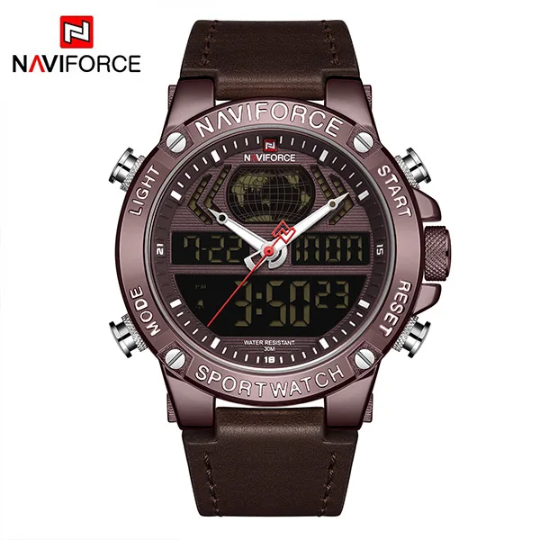 NAVIFORCE мужские часы Роскошные брендовые кварцевые часы кожаные водонепроницаемые военные часы с двойным дисплеем для мужчин Relogio Masculino - Цвет: CoffeeNoBox