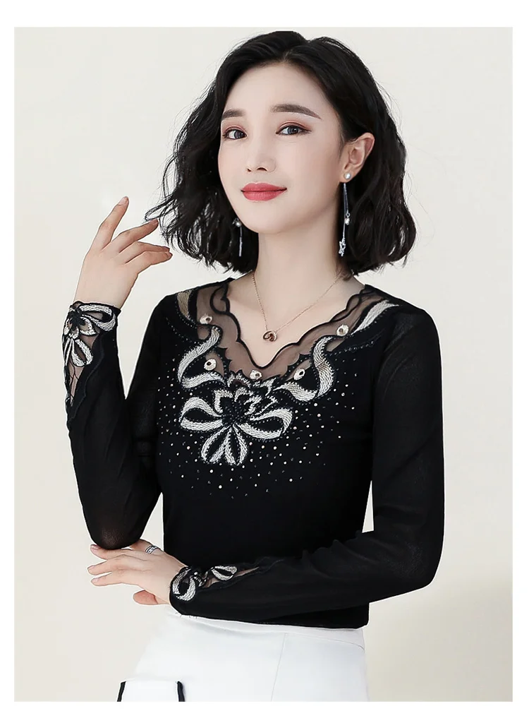 Autumn Fashion Long Sleeve Slim Shirt V-neck Top Women Blouses Bottom Shirt New Female Delicate Embroidery Diamonds 6741 50