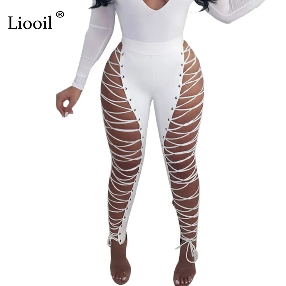 Liooil, сексуальные, Клубные, черные, белые, с высокой талией, на шнуровке, кожаные, длинные штаны, для женщин, выдалбливают, на шнуровке, на молнии, женские, вечерние, брюки