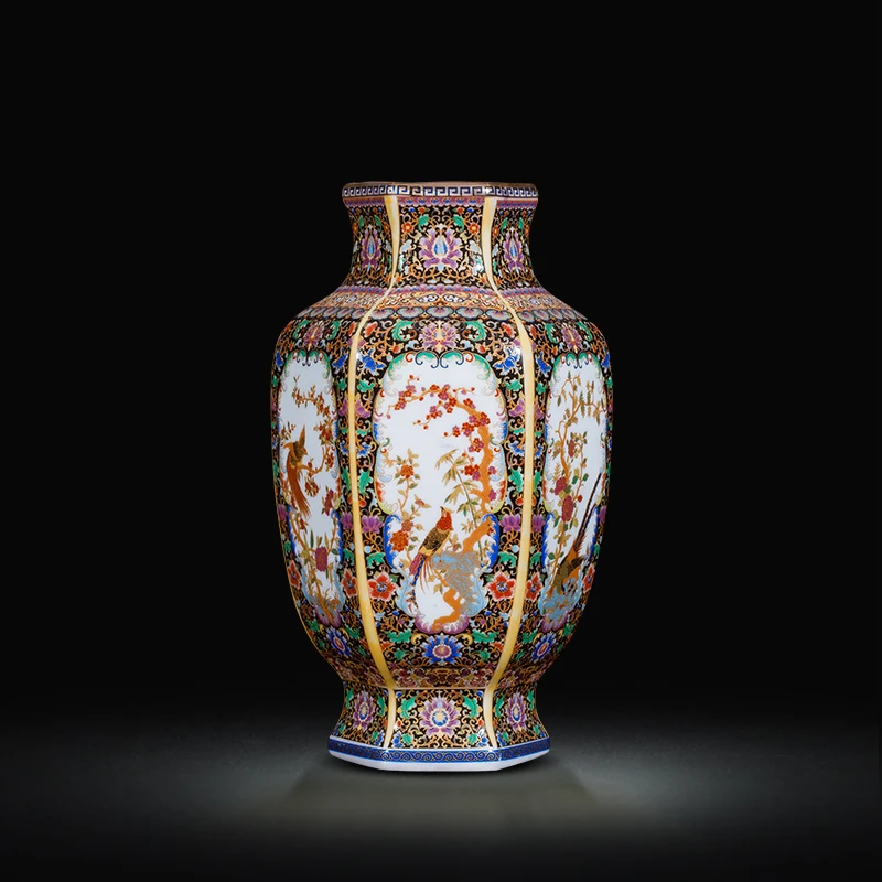 

Jingdezhen porcelain enamel six square antique vase Chinese style home living room TV cabinet porch decoration
